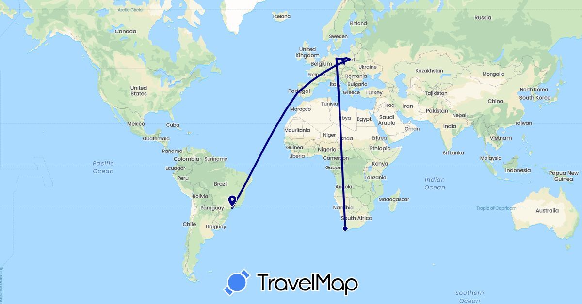 TravelMap itinerary: driving in Brazil, Germany, Poland, Portugal, South Africa (Africa, Europe, South America)